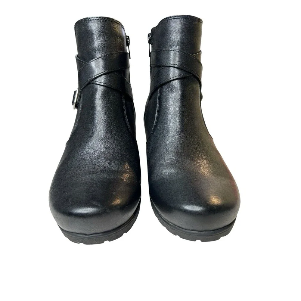 ABEO Black Leather Ankle Boots Women's 8.5 Geranium Wedge Heel Buckle Moto